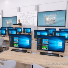 360° vizualizace multifunkční učebny se dvěma dotykovými LCD displeji a studentskými stoly s elektrickými výsuvy PC
